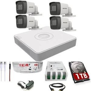 HIKVISION 4 Channel DVR with 5 MP 4 Bullet Cameras with Audio Recording + 1 TB HDD + (3+1) Cable roll + 4 CH Power Supply + USEWELL BNC & DC Full Combo Kit